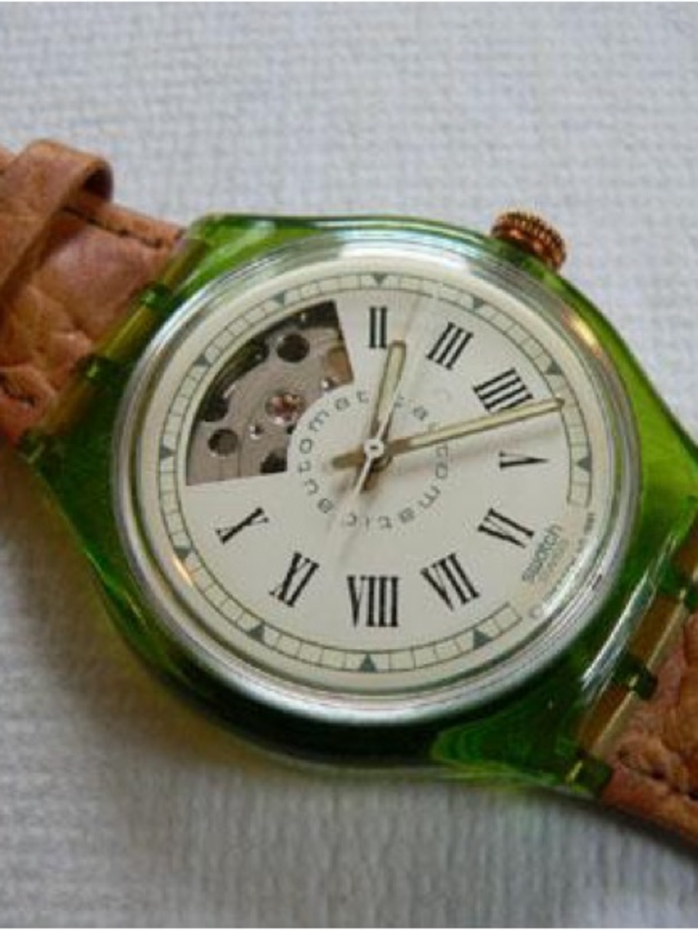 Swatch Green Transparent Case Watch with Roman Numeral Dial
